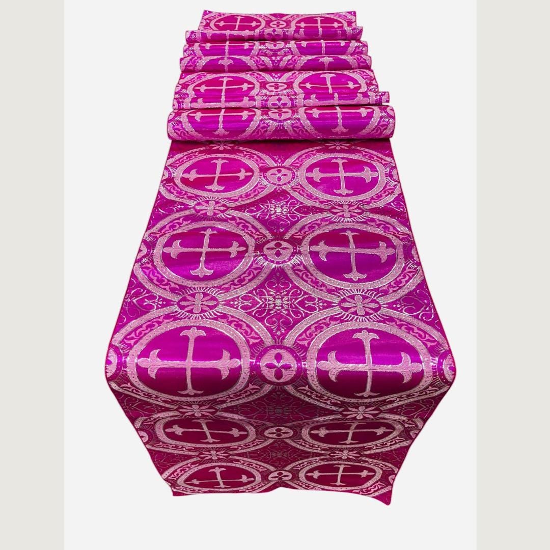 FUCHSIA - 14" Wide X 90" Long Religious Brocade Runner Tablecloth | Liturgical Fabric | Runner Ecclesiastical Jacquard | Church | Vestment