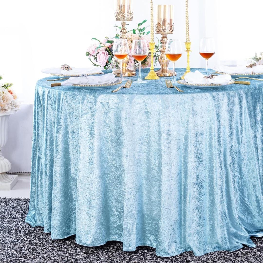 Crushed Velvet Tablecloth - LT BLUE -  Luxurious Round Table Cover  for Weddings, Parties, Baby Showers and Events. Choose Size Below