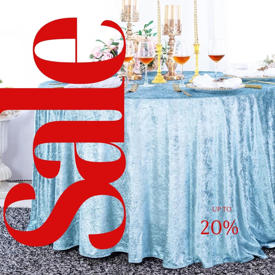 Crushed Velvet Tablecloth - LT BLUE -  Luxurious Round Table Cover  for Weddings, Parties, Baby Showers and Events. Choose Size Below
