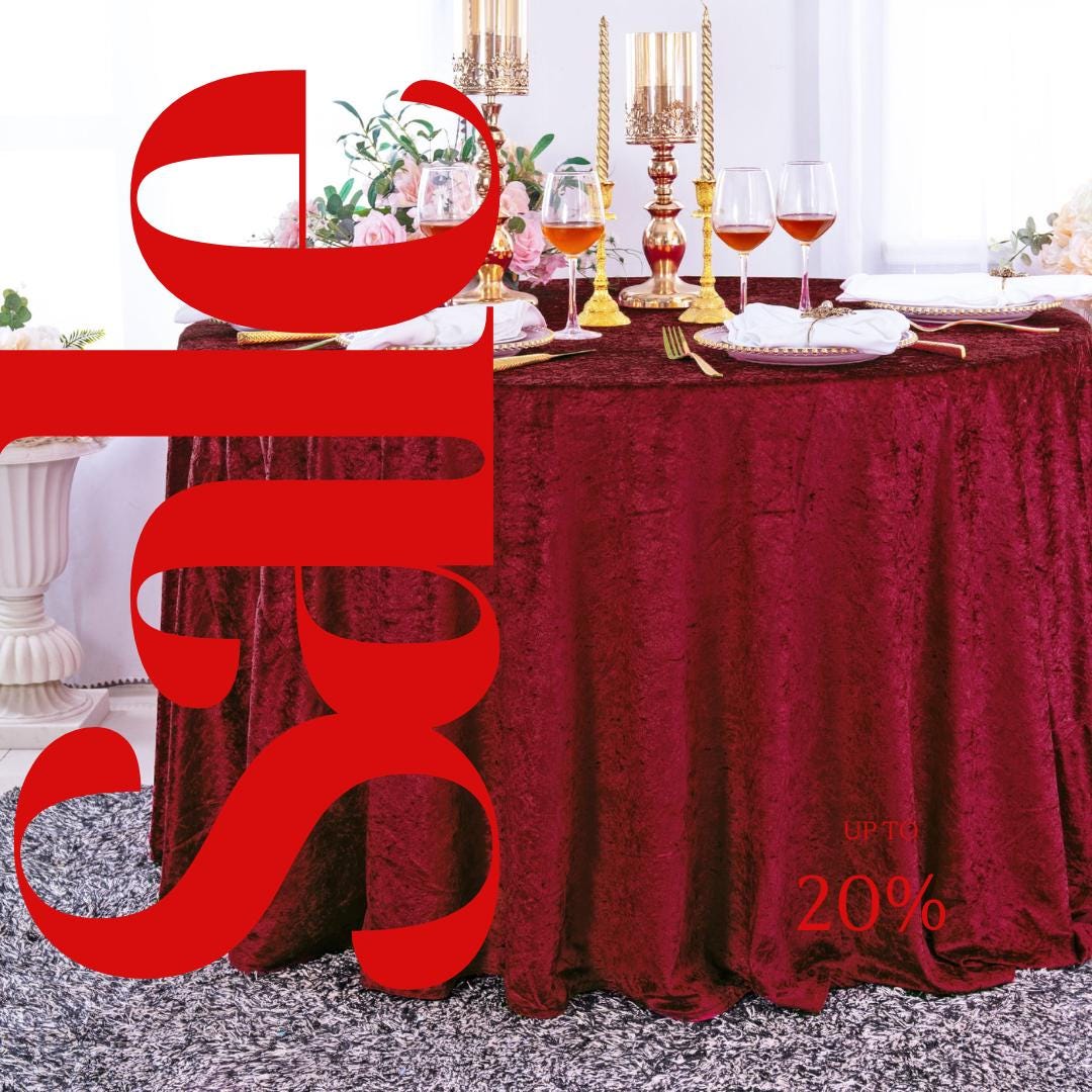Crushed Velvet Tablecloth - BURGUNDY -  Luxurious Round Table Cover  for Weddings, Parties, Baby Showers and Events. Choose Size Below