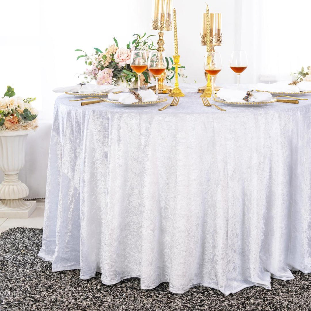 Crushed Velvet Tablecloth - WHITE -  Luxurious Round Table Cover  for Weddings, Parties, Baby Showers and Events. Choose Size Below