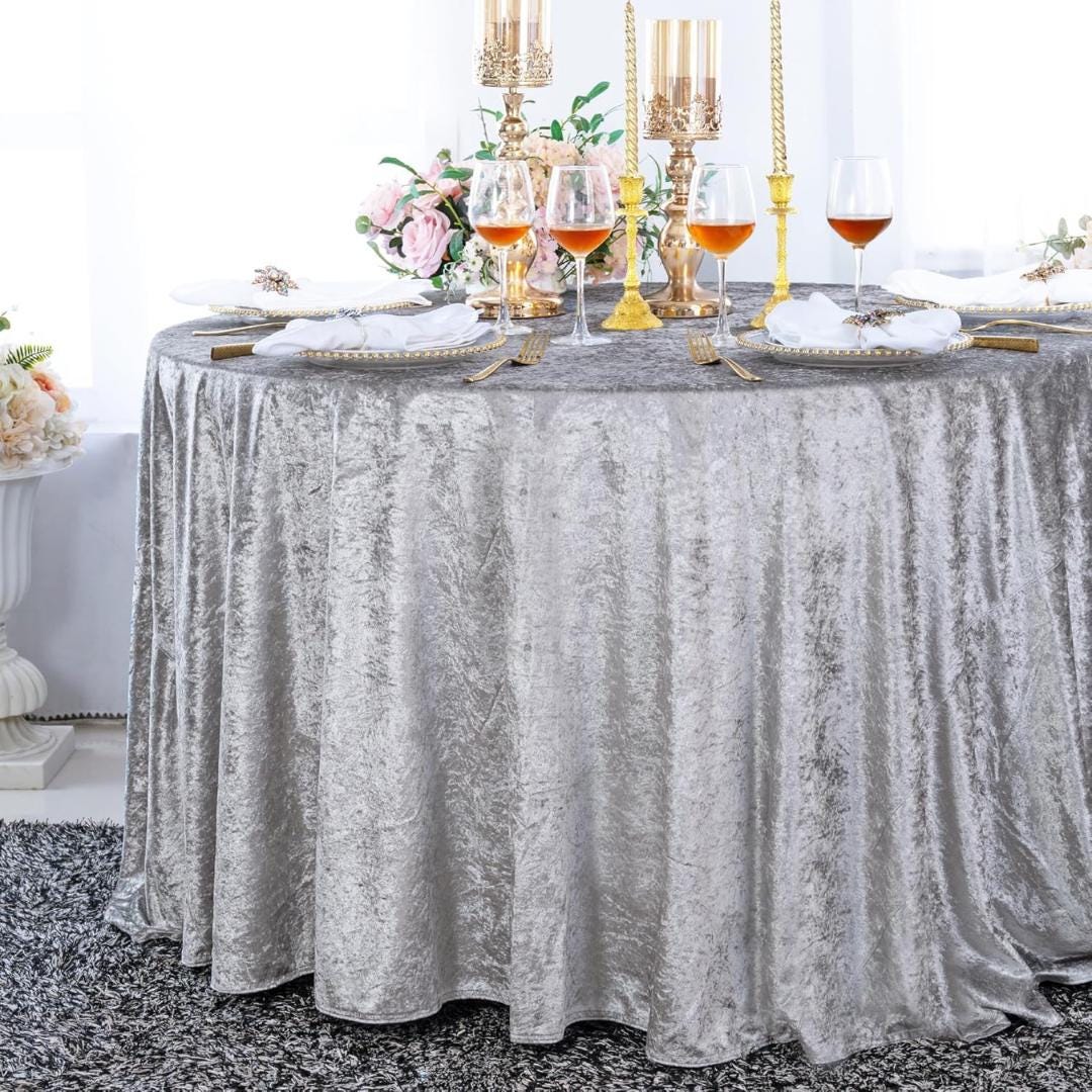 Crushed Velvet Tablecloth - SILVER -  Luxurious Round Table Cover  for Weddings, Parties, Baby Showers and Events. Choose Size Below