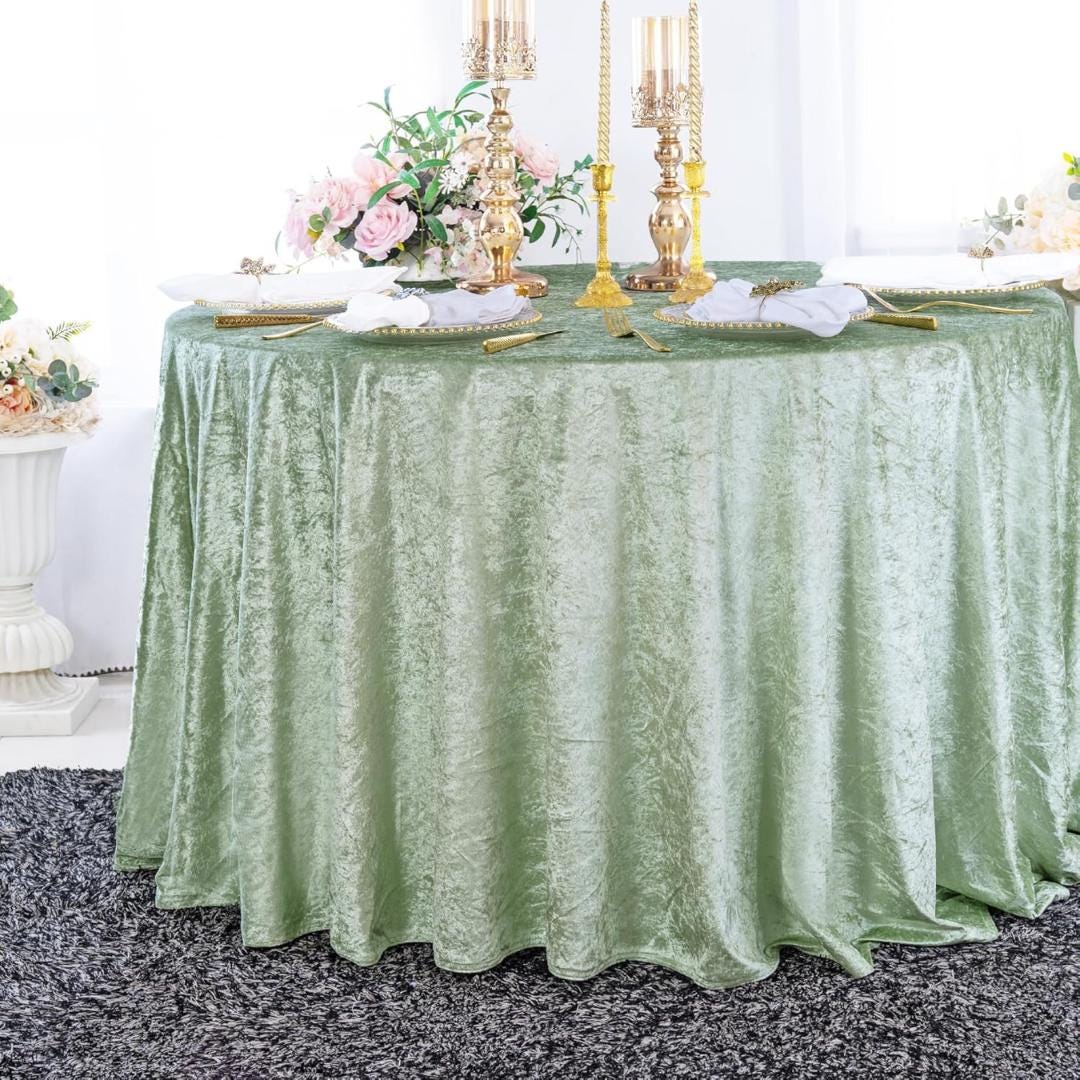 Crushed Velvet Tablecloth - LT SAGE -  Luxurious Round Table Cover  for Weddings, Parties, Baby Showers and Events. Choose Size Below