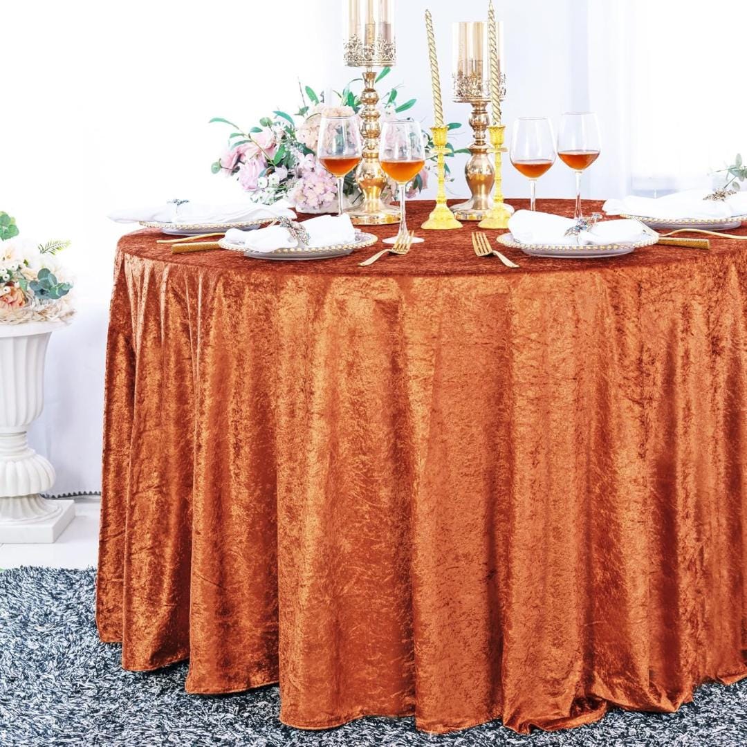 Crushed Velvet Tablecloth - RUST -  Luxurious Round Table Cover  for Weddings, Parties, Baby Showers and Events. Choose Size Below