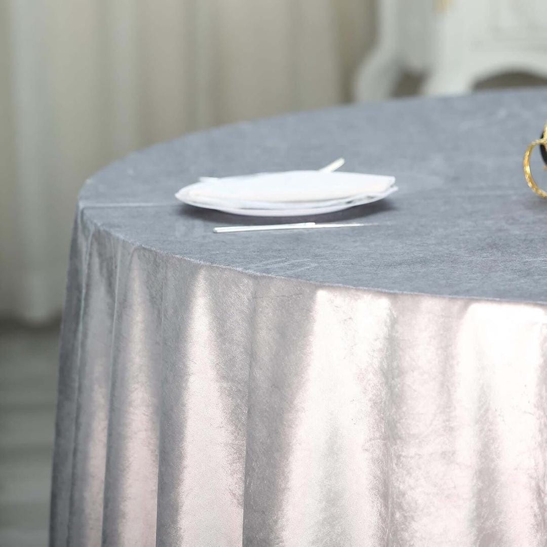 Round Luxurious Royal Velvet Tablecloth - SILVER - Washable Table Cover for Party Wedding Baby Shower Dinning Decoration. Choose size