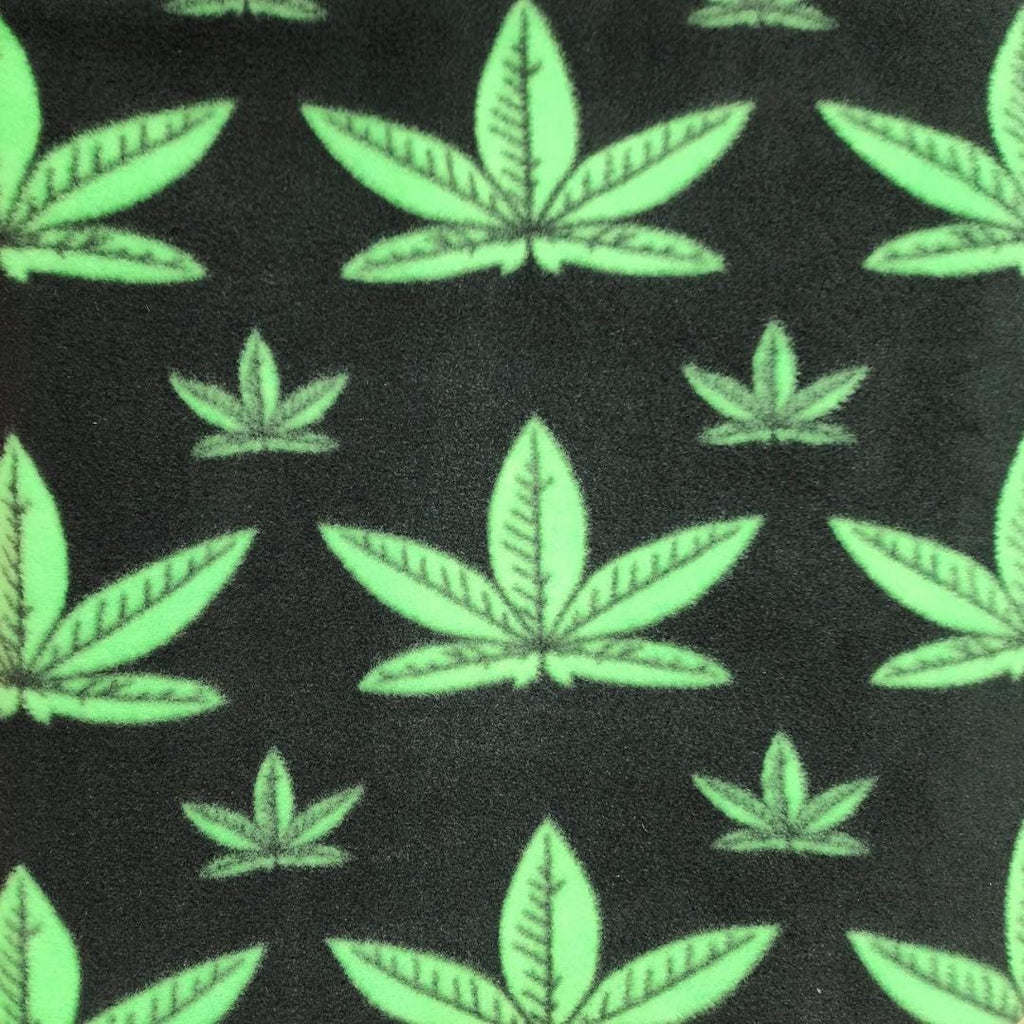 Green Marijuana Leaf Print - Anti Pill Theme Fleece Fabric, 60” Inches Wide – Sold By The Yard Black