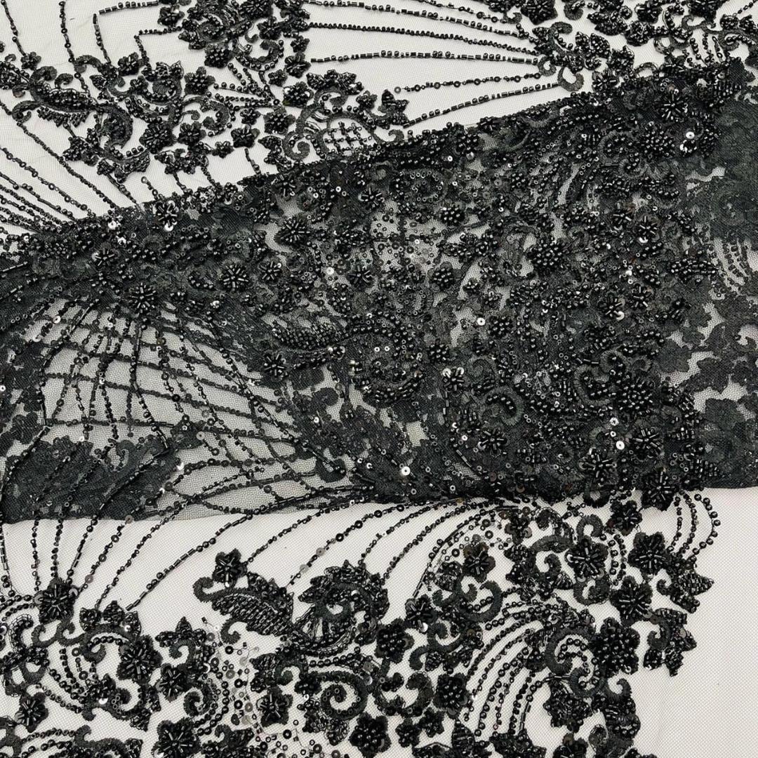 Luxury Lace - Black - 3D Beaded Design with Embroidered Sequins and Beads On a Mesh Lace Fabric for Prom Dress By The Yard