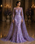 Luxury Lace - Lavender - 3D Beaded Design with Embroidered Sequins and Beads On a Mesh Lace Fabric for Prom Dress By The Yard