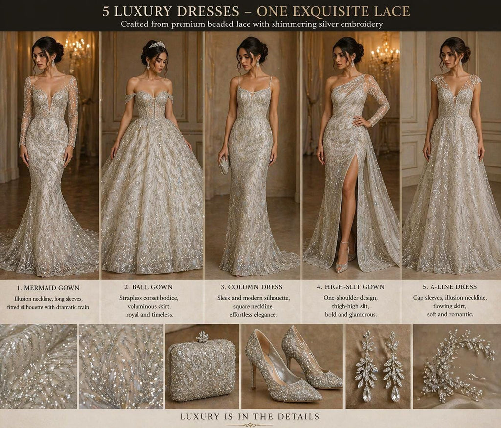 Luxury Lace - Silver - 3D Beaded Design with Embroidered Sequins and Beads On a Mesh Lace Fabric for Prom Dress By The Yard