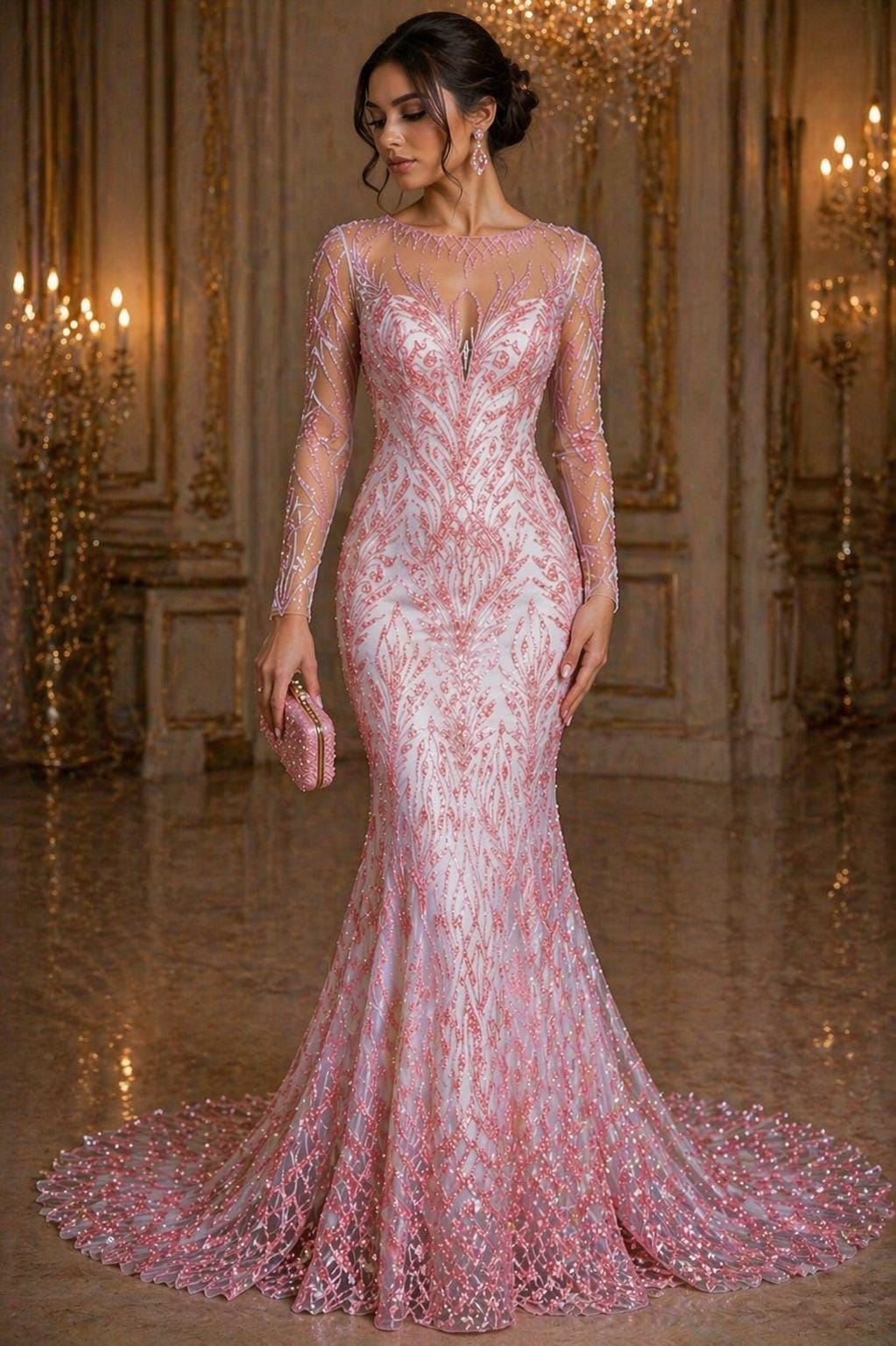 Luxury Lace - Pink - 3D Beaded Design with Embroidered Sequins and Beads On a Mesh Lace Fabric for Prom Dress By The Yard