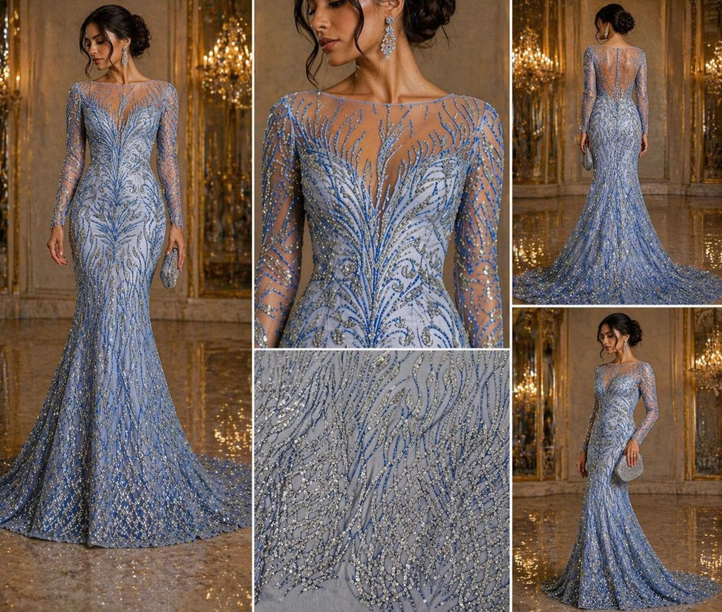 Luxury Lace - Royal Blue - 3D Beaded Design with Embroidered Sequins and Beads On a Mesh Lace Fabric for Prom Dress By The Yard