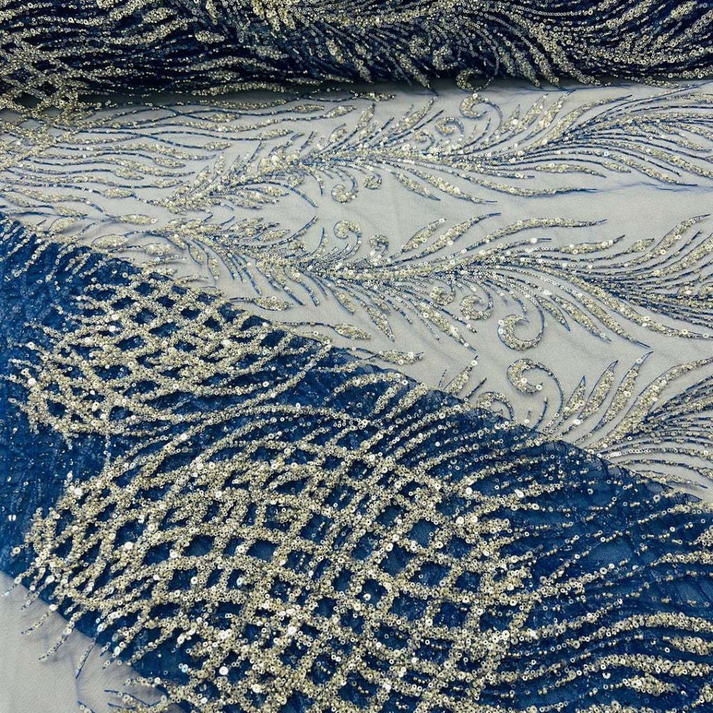 Luxury Lace - Royal Blue - 3D Beaded Design with Embroidered Sequins and Beads On a Mesh Lace Fabric for Prom Dress By The Yard
