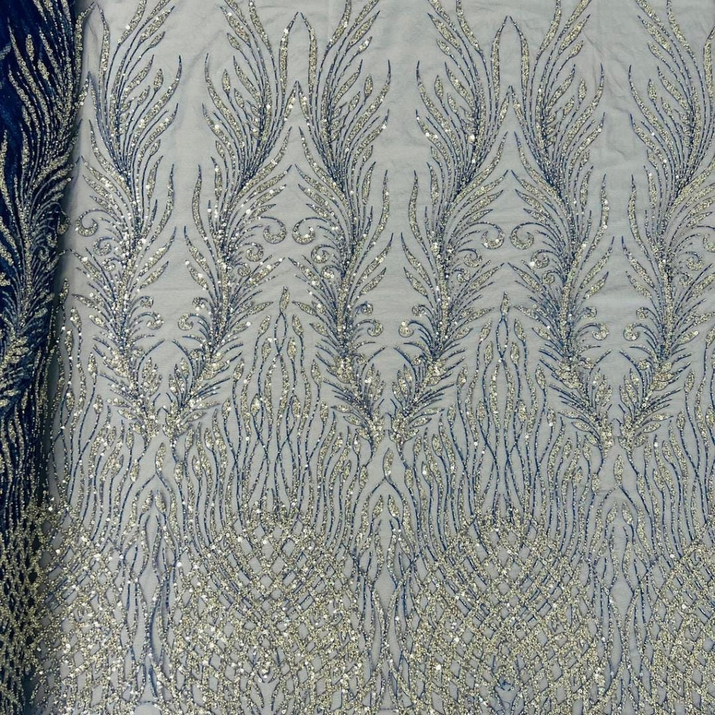 Luxury Lace - Royal Blue - 3D Beaded Design with Embroidered Sequins and Beads On a Mesh Lace Fabric for Prom Dress By The Yard