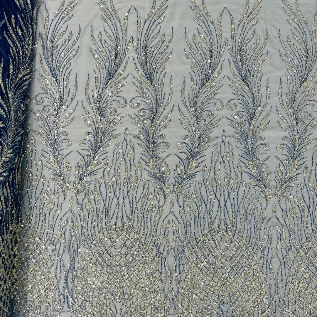 Luxury Lace - Royal Blue - 3D Beaded Design with Embroidered Sequins and Beads On a Mesh Lace Fabric for Prom Dress By The Yard