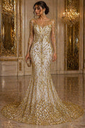 Luxury Lace - Champagne - 3D Beaded Design with Embroidered Sequins and Beads On a Mesh Lace Fabric for Prom Dress By The Yard