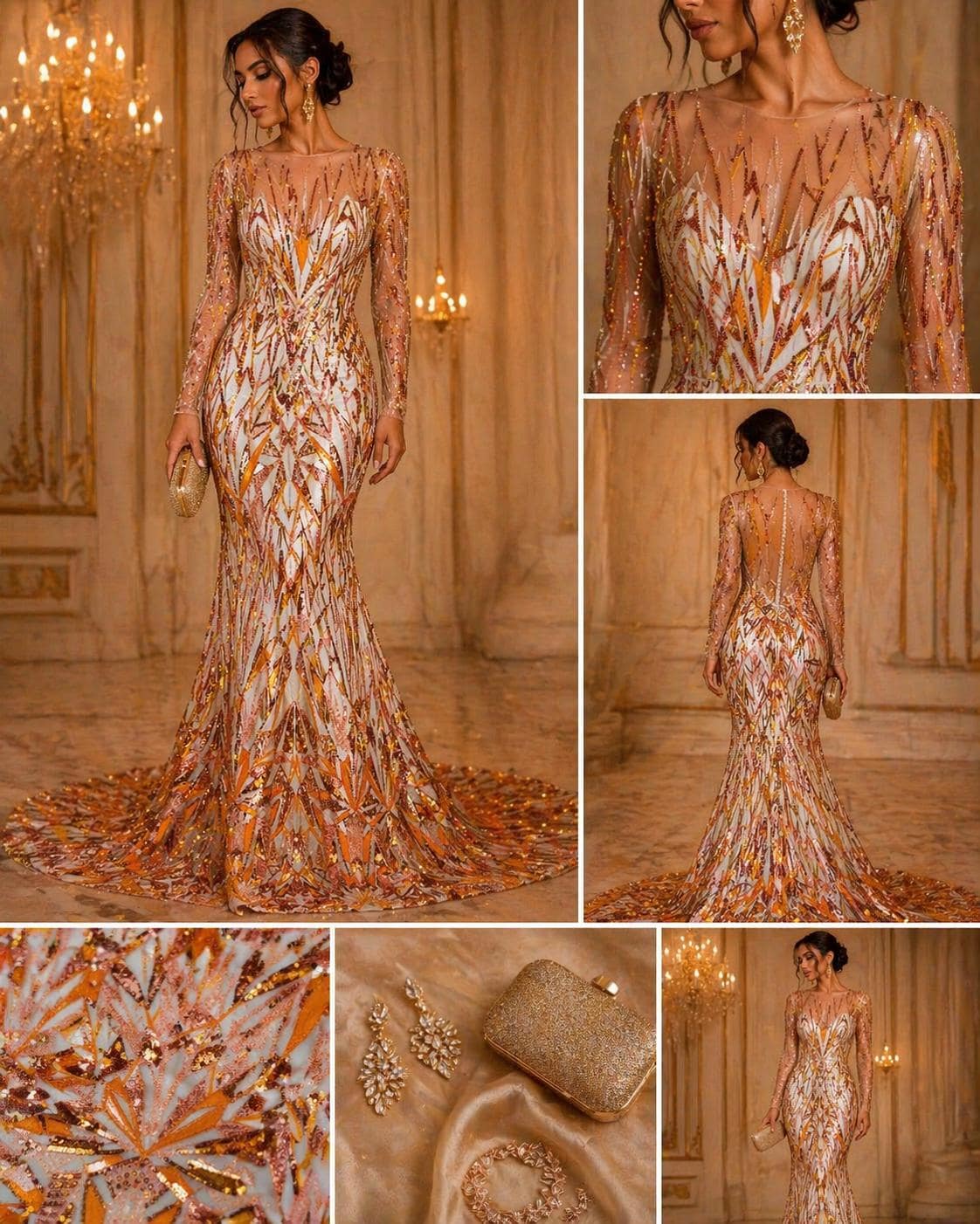 Luxury Geometric Lace - Orange - 3D Beaded Design with Embroidered Sequins and Beads On a Mesh Lace Fabric for Prom Dress By The Yard
