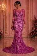 Luxury Geometric Lace - Fuchsia - 3D Beaded Design with Embroidered Sequins and Beads On a Mesh Lace Fabric for Prom Dress By The Yard