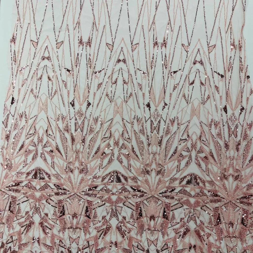 Luxury Geometric Lace - Blush - 3D Beaded Design with Embroidered Sequins and Beads On a Mesh Lace Fabric for Prom Dress By The Yard