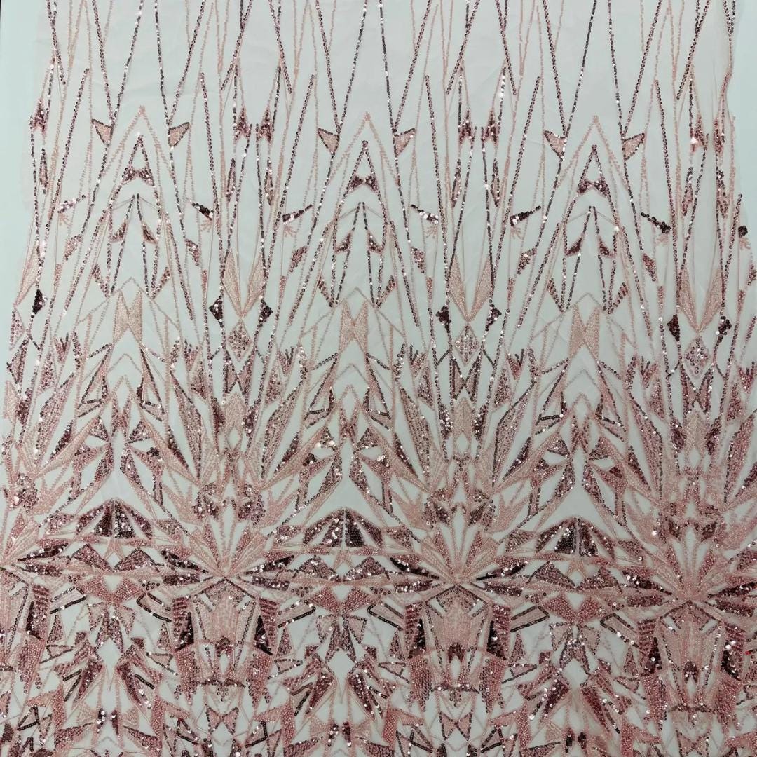 Luxury Geometric Lace - Blush - 3D Beaded Design with Embroidered Sequins and Beads On a Mesh Lace Fabric for Prom Dress By The Yard