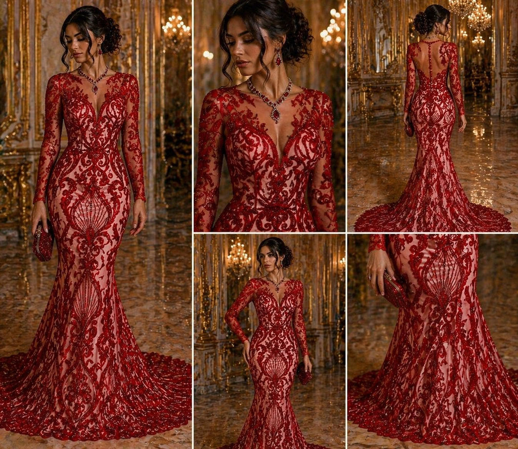 Luxury Heart Lace - Red - 3D Beaded Design with Embroidered Sequins and Beads On a Mesh Lace Fabric for Prom Dress By The Yard