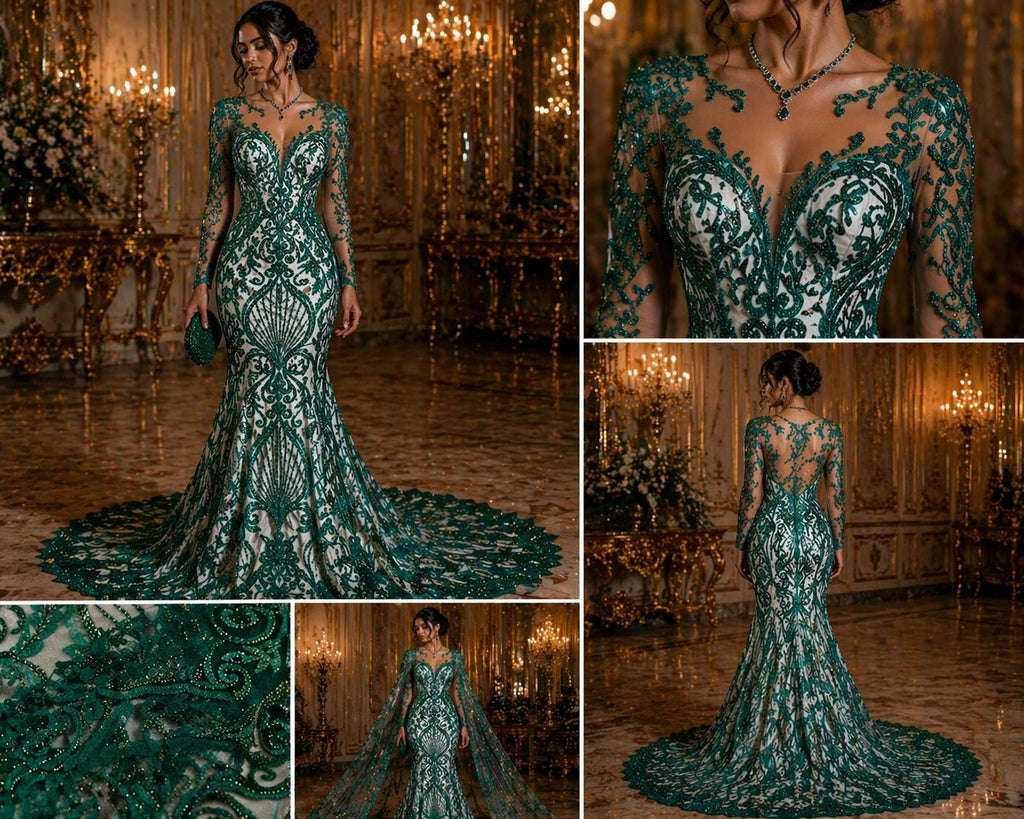 Luxury Heart Lace - Hunter - 3D Beaded Design with Embroidered Sequins and Beads On a Mesh Lace Fabric for Prom Dress By The Yard