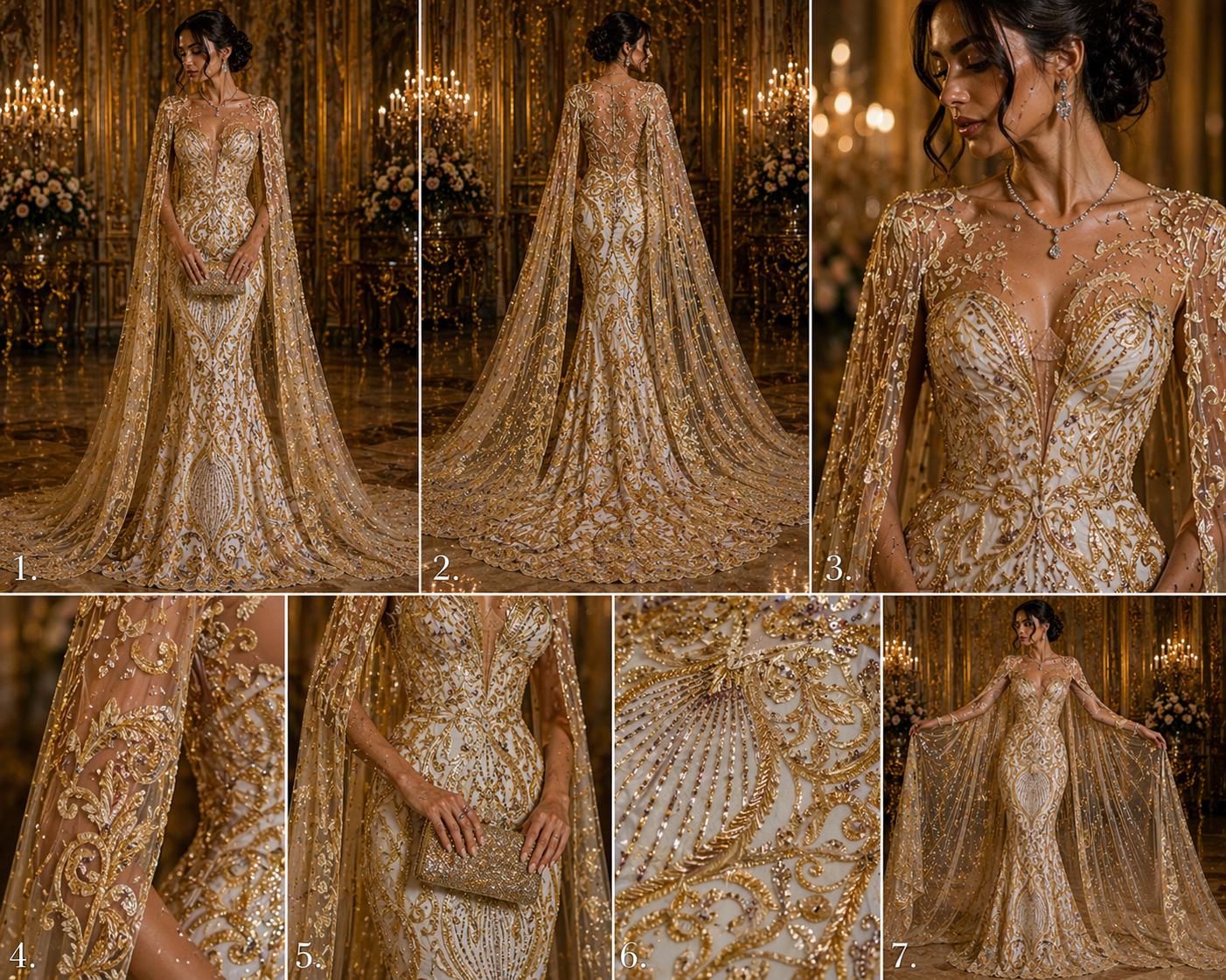 Luxury Heart Lace - Gold - 3D Beaded Design with Embroidered Sequins and Beads On a Mesh Lace Fabric for Prom Dress By The Yard