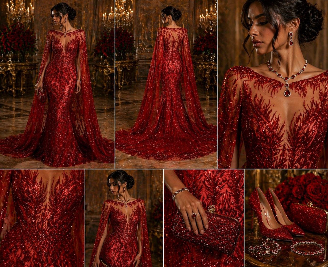 Luxury Lace - Red - 3D Beaded Design with Embroidered Sequins and Beads On a Mesh Lace Fabric for Prom Dress By The Yard