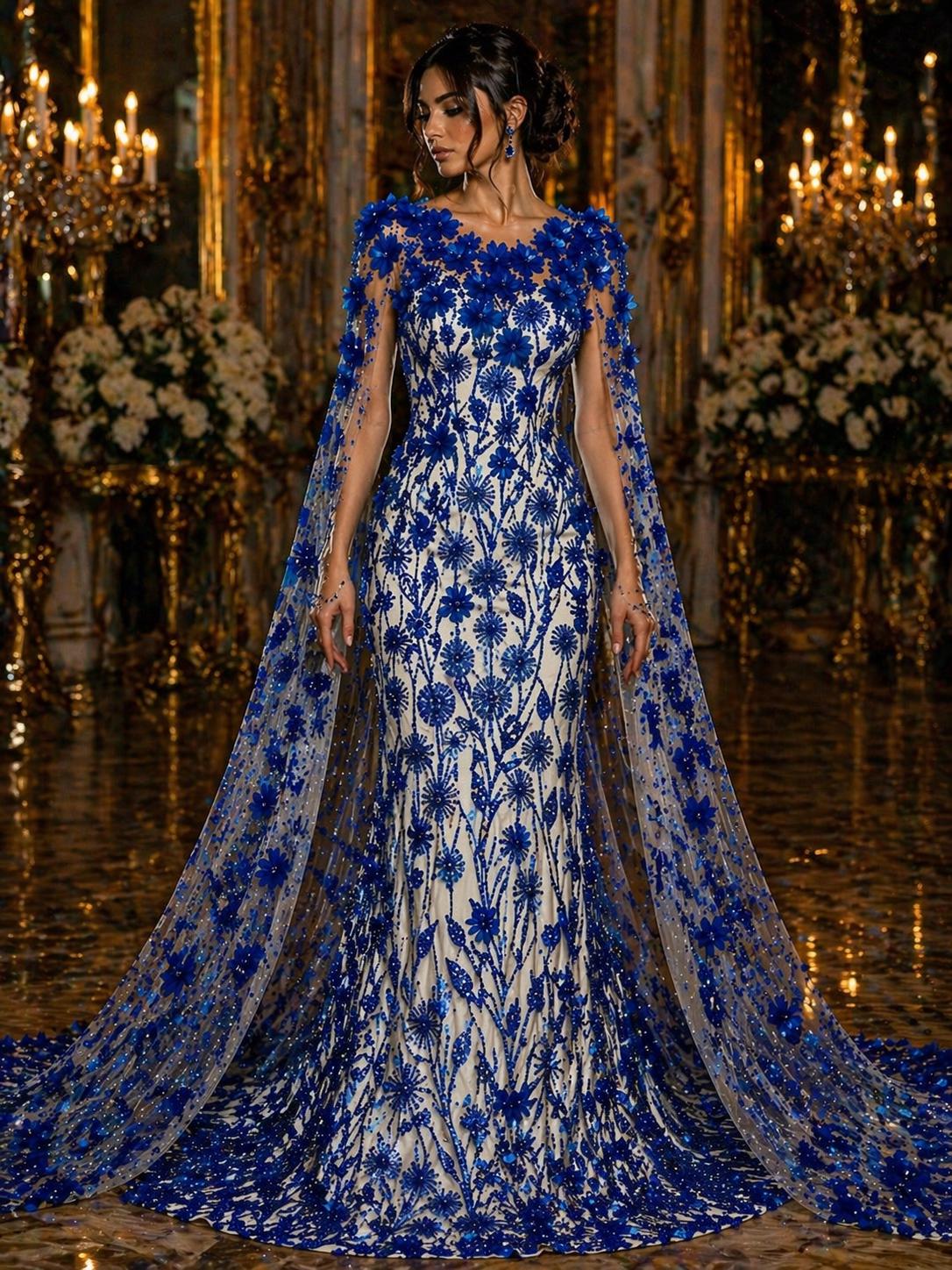 Luxury Butterfly Beaded Lace - Royal - 3D Beaded Design with Embroidered Sequins and Beads On a Mesh Lace Fabric for Prom Dress By The Yard