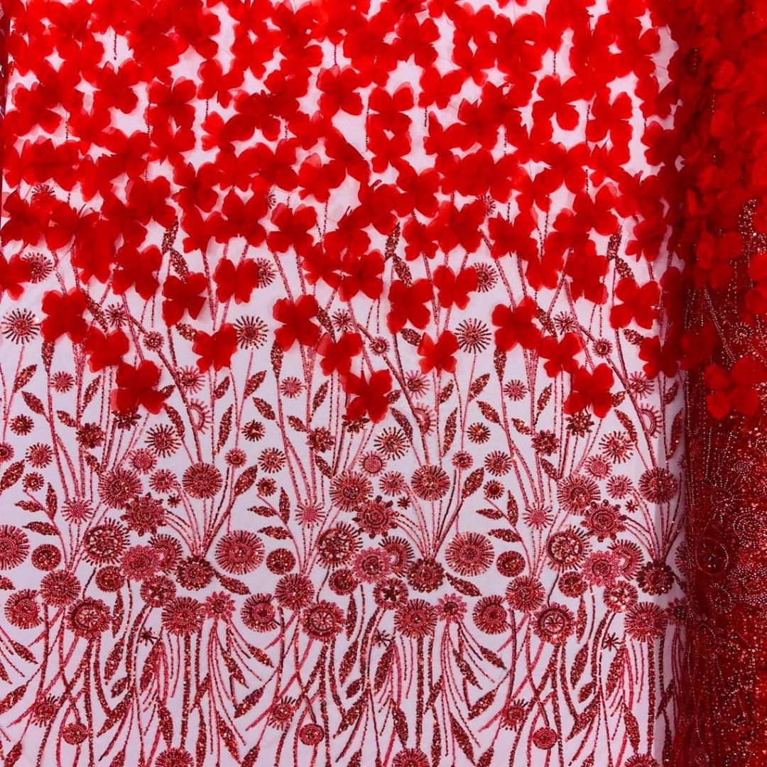 Luxury Butterfly Beaded Lace - Red - 3D Beaded Design with Embroidered Sequins and Beads On a Mesh Lace Fabric for Prom Dress By The Yard
