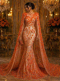 Luxury Butterfly Beaded Lace - Orange - 3D Beaded Design with Embroidered Sequins and Beads On a Mesh Lace Fabric for Prom Dress By The Yard
