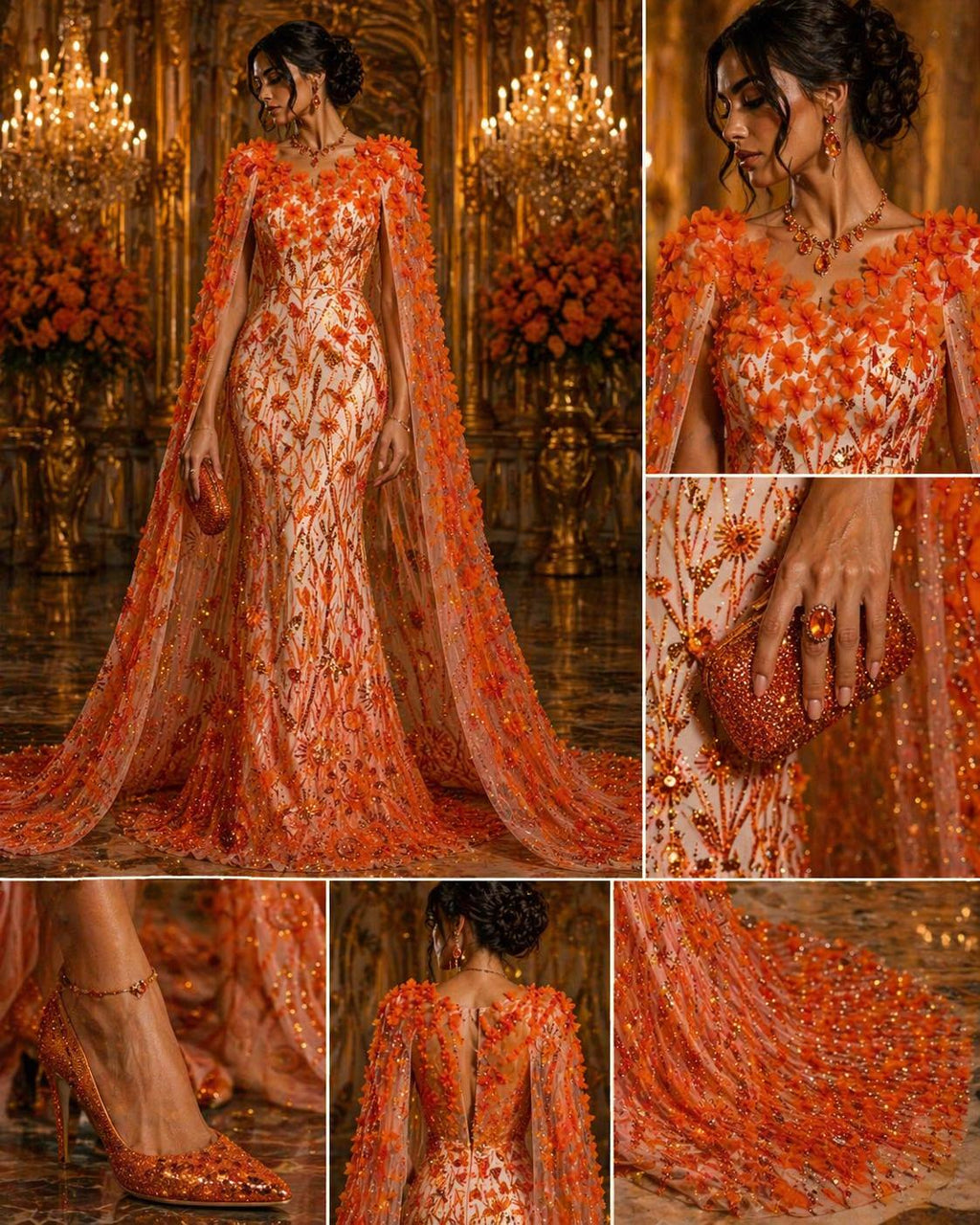 Luxury Butterfly Beaded Lace - Orange - 3D Beaded Design with Embroidered Sequins and Beads On a Mesh Lace Fabric for Prom Dress By The Yard
