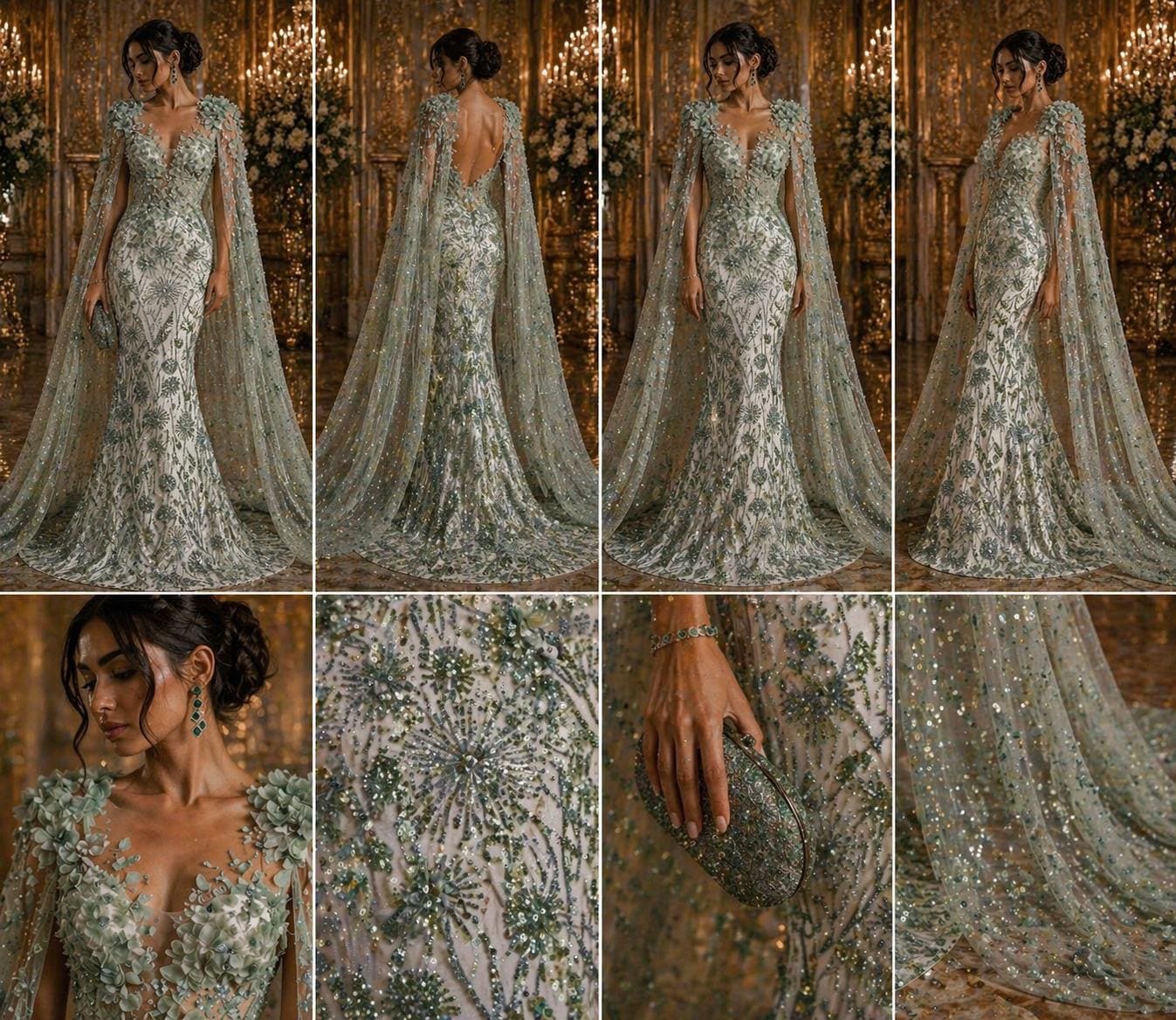 Luxury Butterfly Beaded Lace - Sage - 3D Beaded Design with Embroidered Sequins and Beads On Mesh Lace Fabric for Prom Dress By The Yard