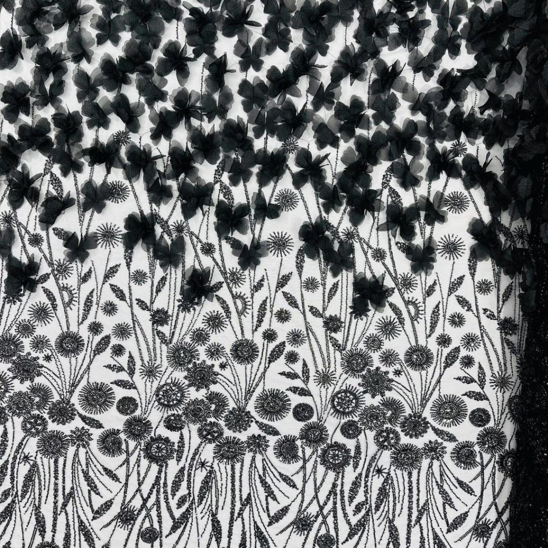 Luxury Butterfly Beaded Lace - Black - 3D Beaded Design with Embroidered Sequins and Beads On Mesh Lace Fabric for Prom Dress By The Yard