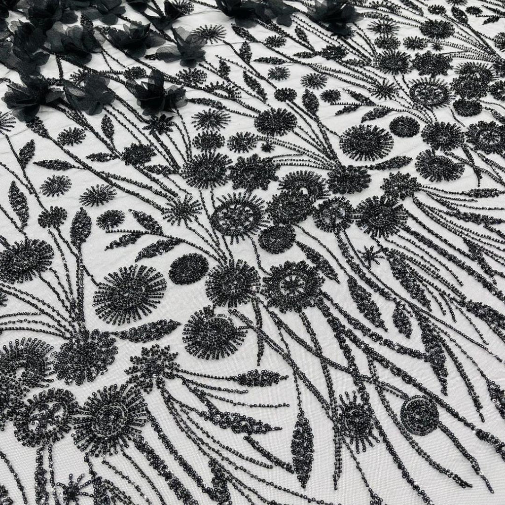 Luxury Butterfly Beaded Lace - Black - 3D Beaded Design with Embroidered Sequins and Beads On Mesh Lace Fabric for Prom Dress By The Yard