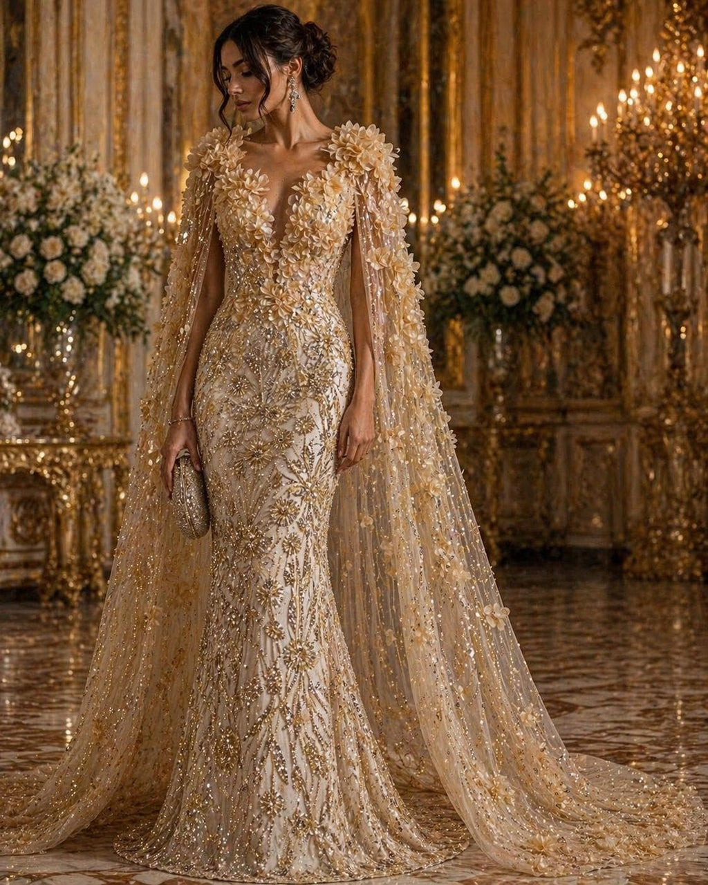 Luxury Butterfly Beaded Lace - Champagne -3D Beaded Design with Embroidered Sequins and Beads On Mesh Lace Fabric for Prom Dress By The Yard