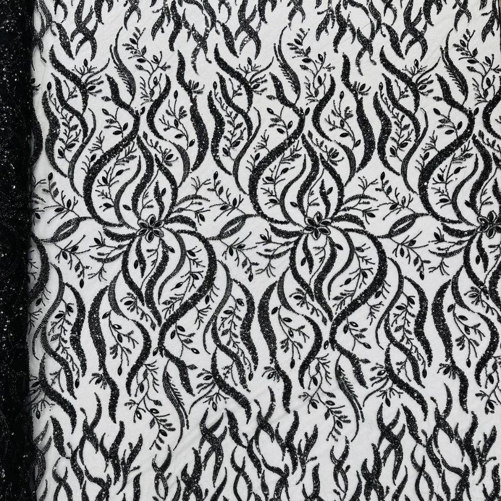 Luxurious Design Lace - Black - 3D Beaded Design with Embroidered Sequins and Beads On a Mesh Lace Fabric for Prom Dress By The Yard