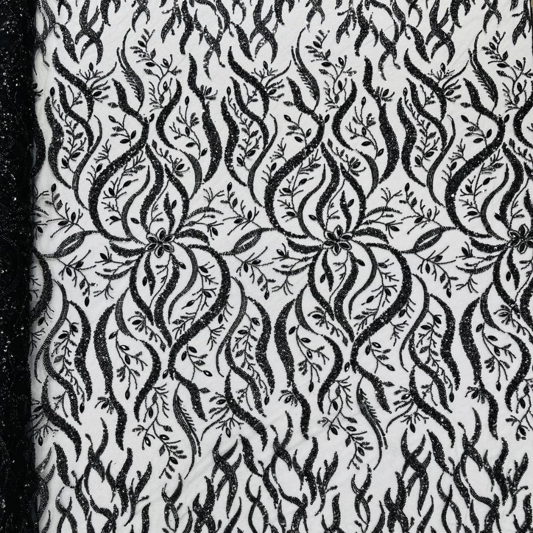 Luxurious Design Lace - Black - 3D Beaded Design with Embroidered Sequins and Beads On a Mesh Lace Fabric for Prom Dress By The Yard