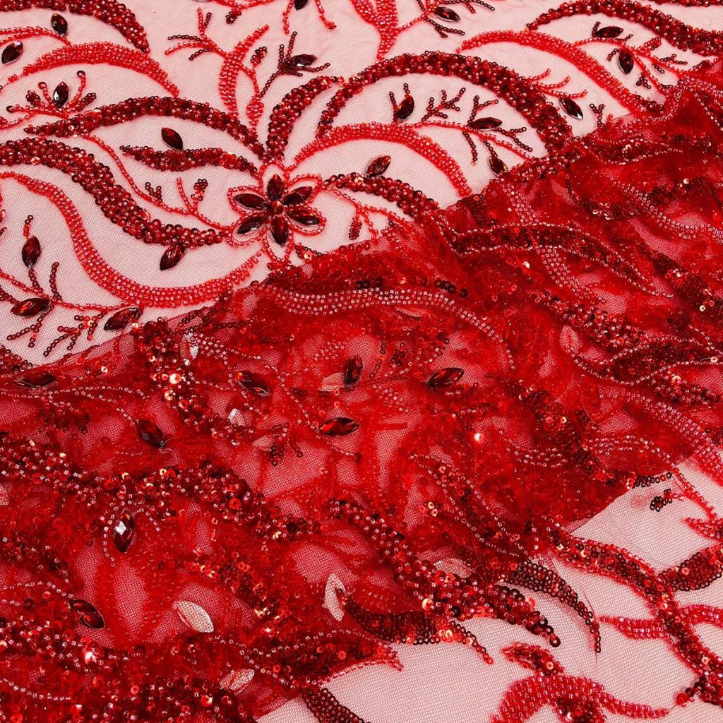 Luxurious Design Lace - Red - 3D Beaded Design with Embroidered Sequins and Beads On a Mesh Lace Fabric for Prom Dress By The Yard