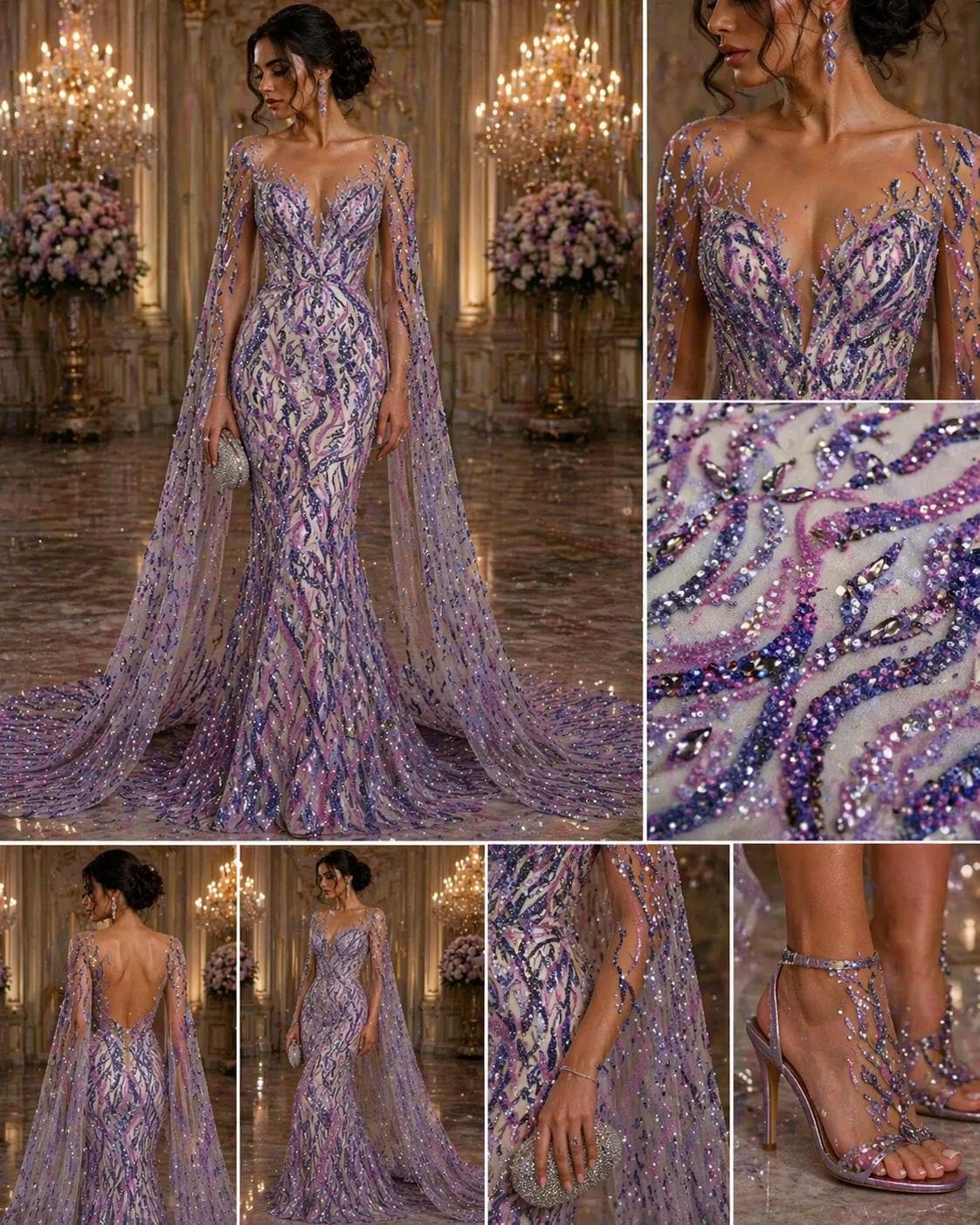 Luxurious Design Lace - Lilac - 3D Beaded Design with Embroidered Sequins and Beads On a Mesh Lace Fabric for Prom Dress By The Yard