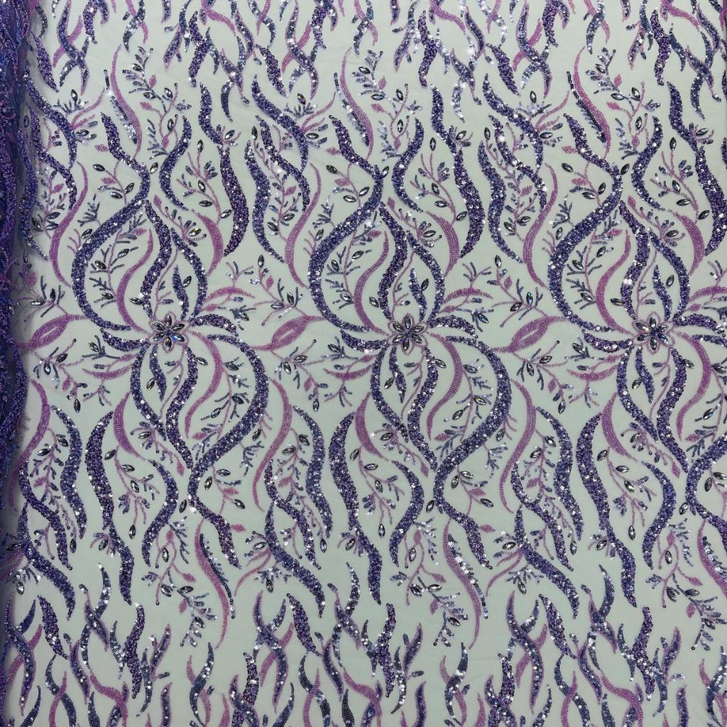 Luxurious Design Lace - Lilac - 3D Beaded Design with Embroidered Sequins and Beads On a Mesh Lace Fabric for Prom Dress By The Yard