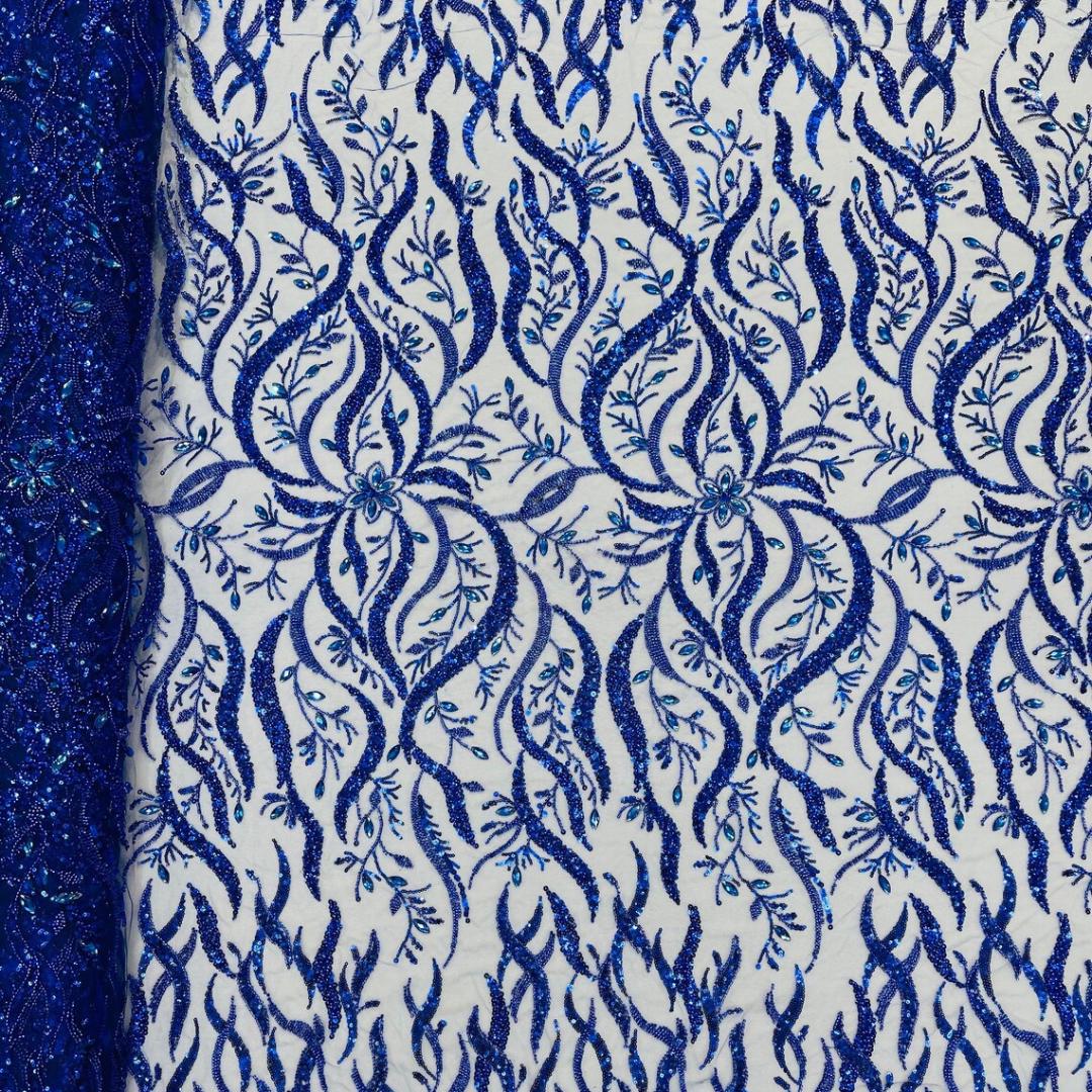 Luxurious Design Lace - Royal - 3D Beaded Design with Embroidered Sequins and Beads On a Mesh Lace Fabric for Prom Dress By The Yard