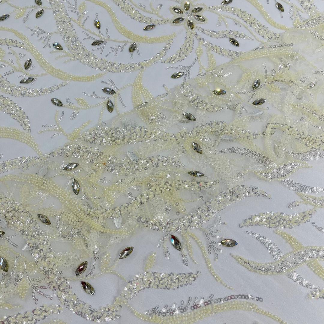 Luxurious Design Lace - Ivory - 3D Beaded Design with Embroidered Sequins and Beads On a Mesh Lace Fabric for Prom Dress By The Yard