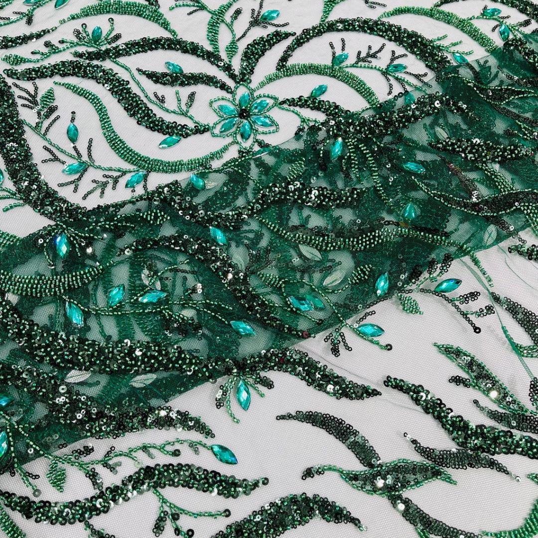 Luxurious Design Lace - Hunter - 3D Beaded Design with Embroidered Sequins and Beads On a Mesh Lace Fabric for Prom Dress By The Yard