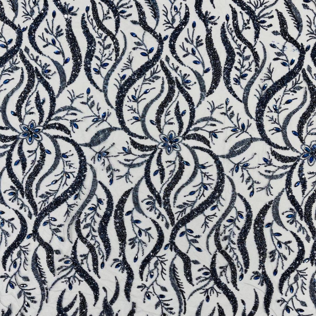 Luxurious Design Lace - Navy - 3D Beaded Design with Embroidered Sequins and Beads On a Mesh Lace Fabric for Prom Dress By The Yard