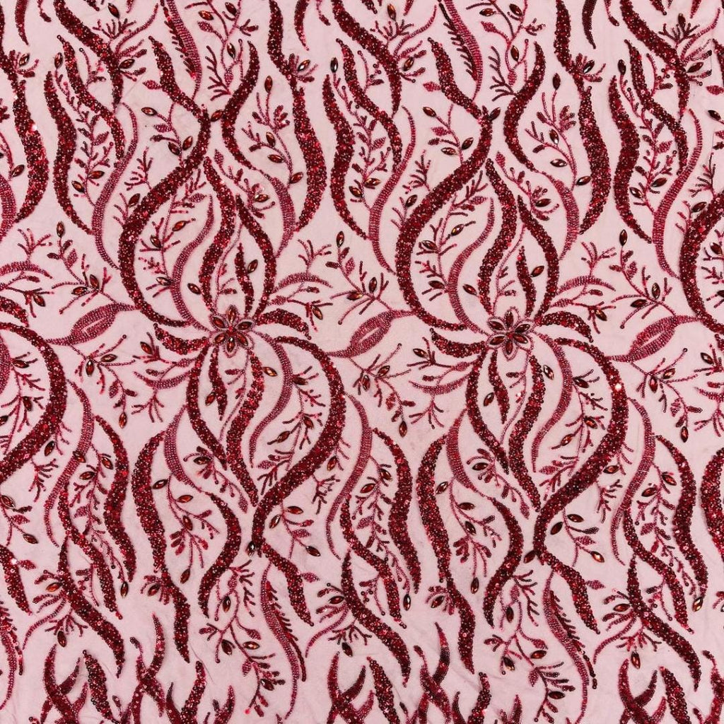 Luxurious Design Lace - Burgundy - 3D Beaded Design with Embroidered Sequins and Beads On a Mesh Lace Fabric for Prom Dress By The Yard