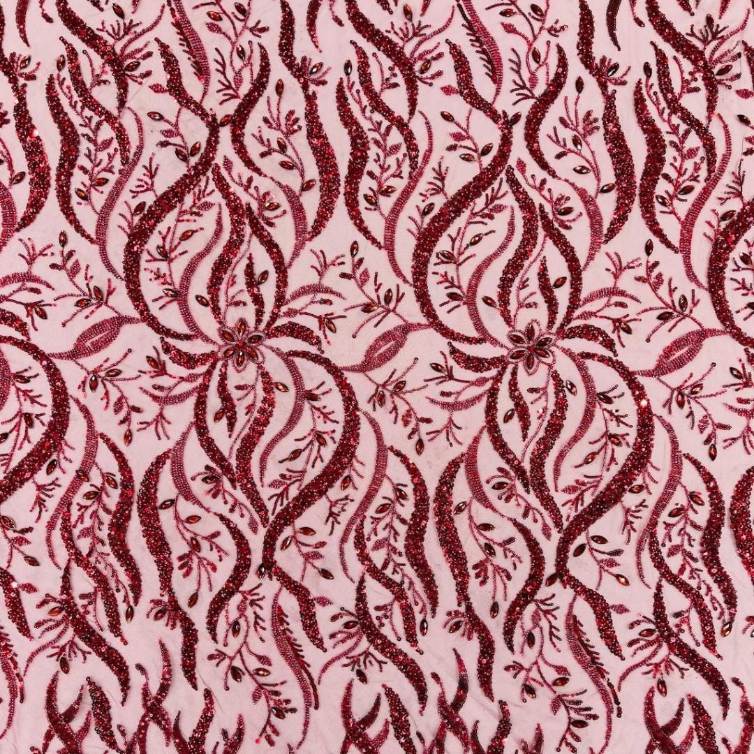 Luxurious Design Lace - Burgundy - 3D Beaded Design with Embroidered Sequins and Beads On a Mesh Lace Fabric for Prom Dress By The Yard