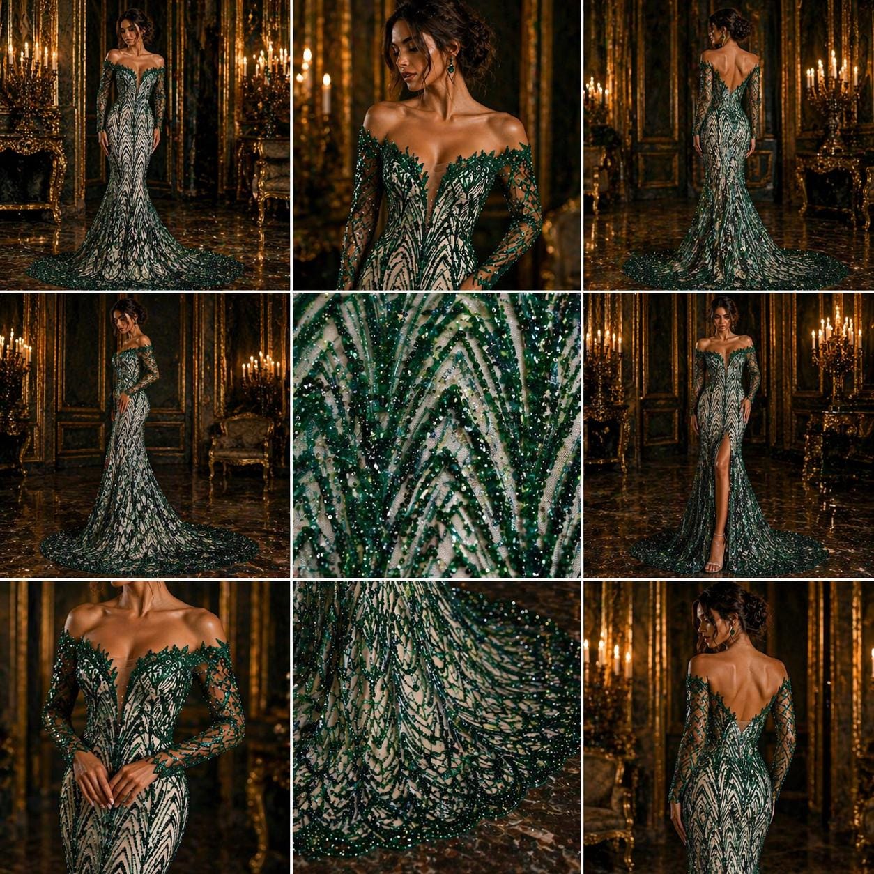Luxurious Arch Design Lace - Hunter - Beaded Design with Embroidered Sequins and Beads On a Mesh Lace Fabric for Prom Dress By The Yard