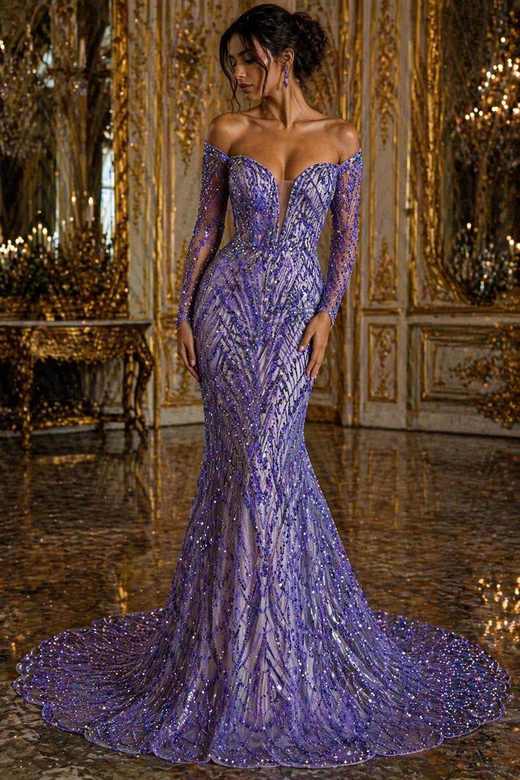 Luxurious Arch Design Lace - Lavender - Beaded Design with Embroidered Sequins and Beads On a Mesh Lace Fabric for Prom Dress By The Yard