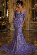 Luxurious Arch Design Lace - Lavender - Beaded Design with Embroidered Sequins and Beads On a Mesh Lace Fabric for Prom Dress By The Yard