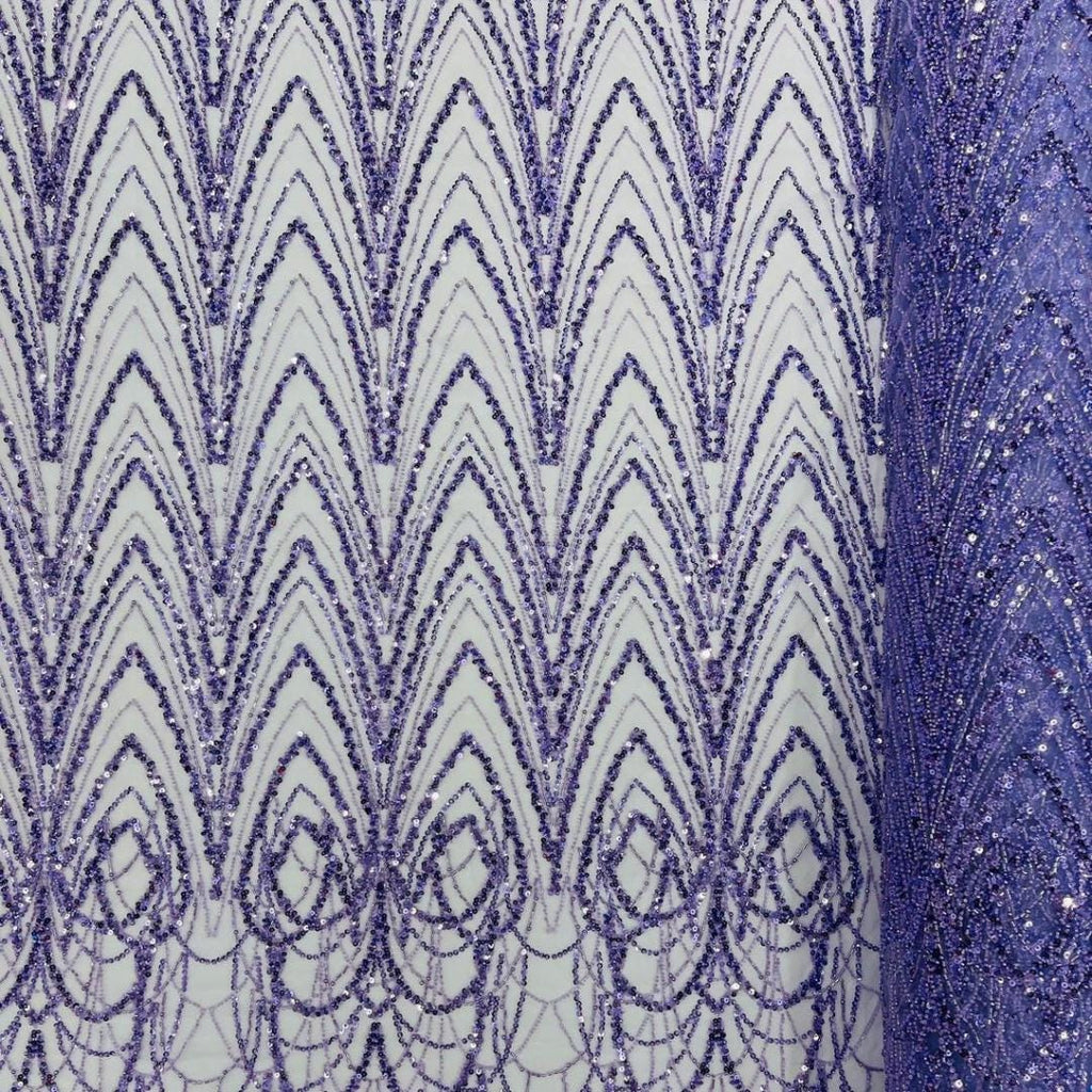 Luxurious Arch Design Lace - Lavender - Beaded Design with Embroidered Sequins and Beads On a Mesh Lace Fabric for Prom Dress By The Yard